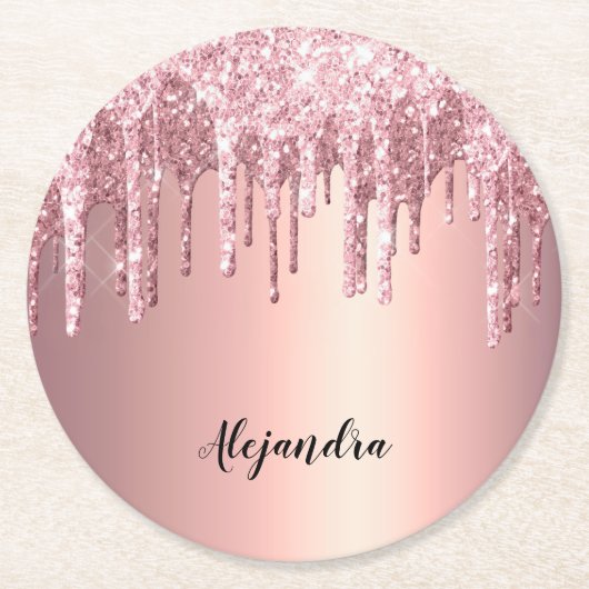 Elegant, stijlvol roos goudglitterdruppels ronde kartonnen onderzetter (Voorkant)