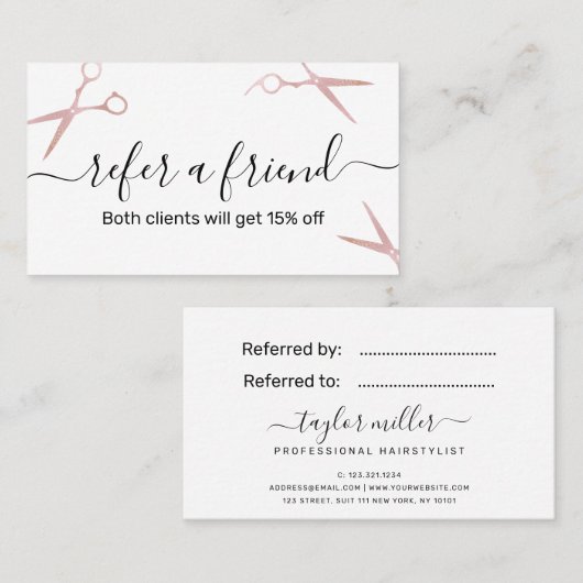 Elegant stijlvol roos goudschaar aanbevelingskaartje (Voorkant / Achterkant)