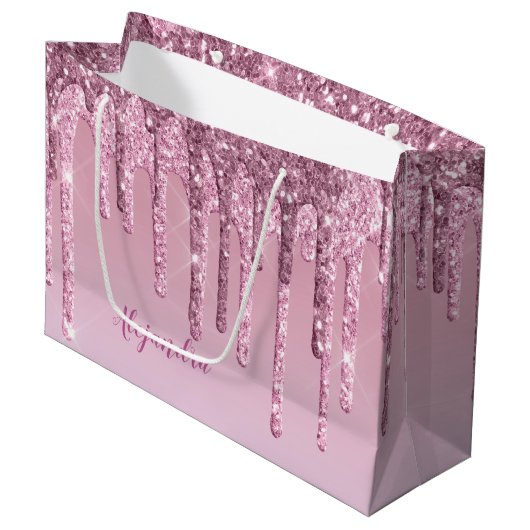 Elegant stijlvol roze roze roze goudglitterdruppel groot cadeauzakje (Voorkant Gekanteld)