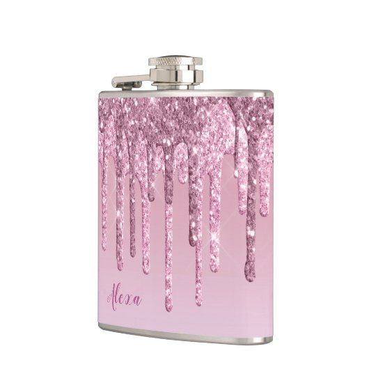 Elegant stijlvol roze roze roze goudglitterdruppel heupfles (Links)