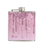 Elegant stijlvol roze roze roze goudglitterdruppel heupfles (Voorkant)