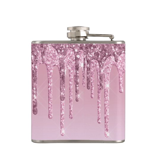 Elegant stijlvol roze roze roze goudglitterdruppel heupfles (Achterkant)