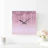Elegant stijlvol roze roze roze goudglitterdruppel vierkante klok (Huis)