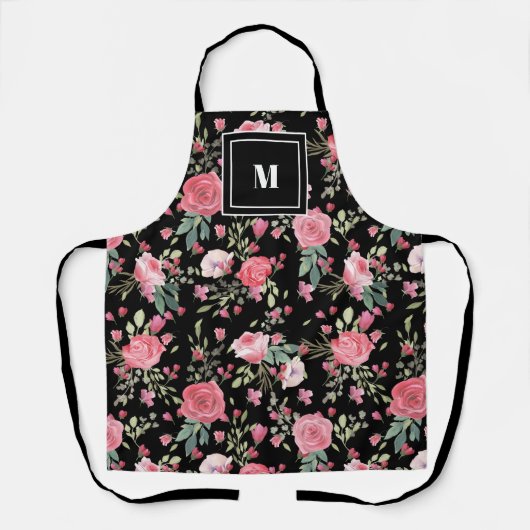 Elegant stijlvol roze rozen zwart monogram schort (Voorkant)