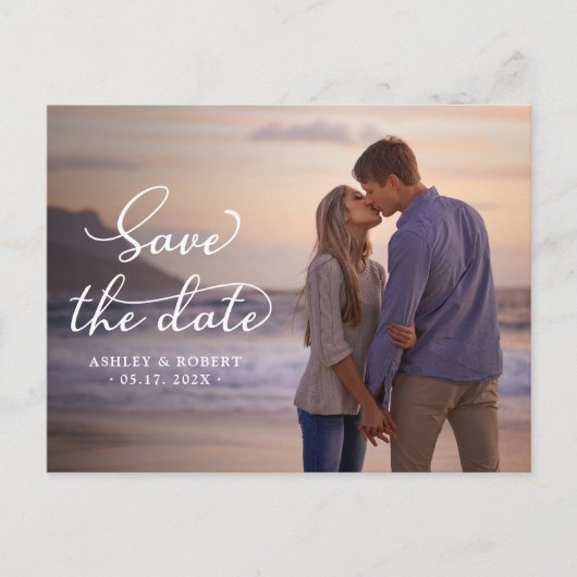 Elegant Stijlvol Script Foto Bruiloft Bewaar de da Aankondigingskaart (Voorkant)