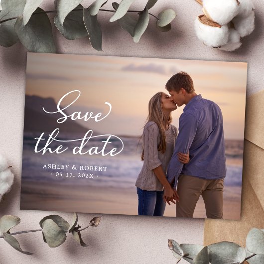 Elegant Stijlvol Script Foto Bruiloft Bewaar de da Aankondigingskaart