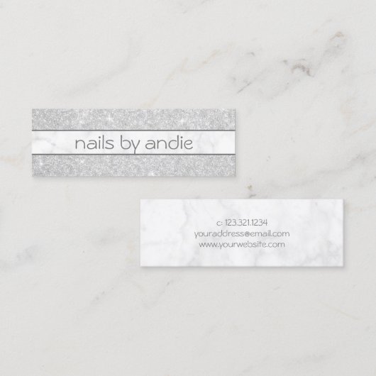 Elegant stijlvol zilver glitter witte marmer mini visitekaartje (Voorkant / Achterkant)