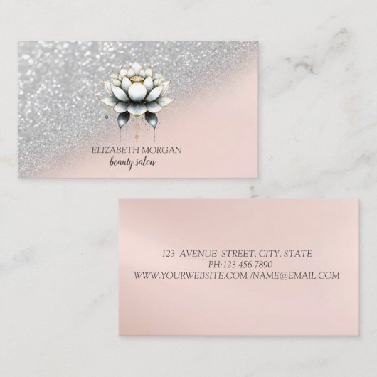 Elegant Stijlvol Zilveren Glitter Bokeh Lotus Pink Visitekaartje (Voorkant / Achterkant)