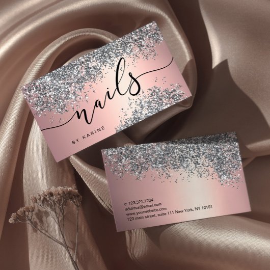 Elegant stijlvol zilveren glitter metalen nagels visitekaartje