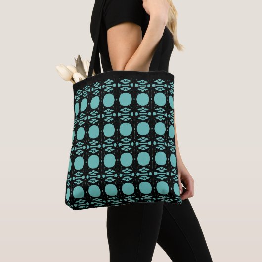 Elegant stijlvol zwart en Blauwgroen ovaal patroon Tote Bag (Dichtbij)