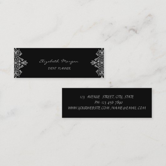Elegant stijlvol , zwart, zilveren kant mini visitekaartje (Voorkant / Achterkant)