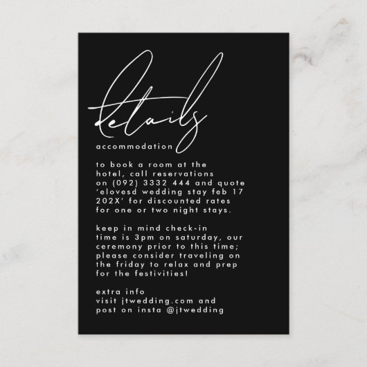 Elegant stijlvolle aangepaste namen zwart withuwel informatiekaartje (Voorkant)