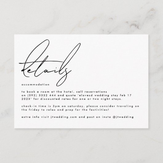 Elegant Stijlvolle Custom Wit Zwart Bruiloft Detai Informatiekaartje (Voorkant)