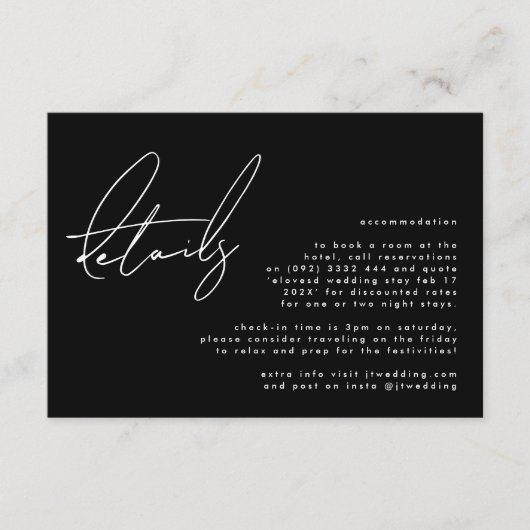 Elegant Stijlvolle Custom Zwart Wit Bruiloft Detai Informatiekaartje (Voorkant)