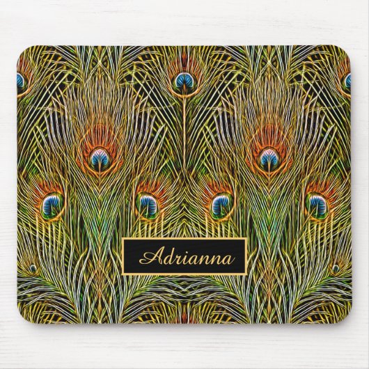 Elegant stijlvolle goudpacock-veren met naam muismat (Voorkant)