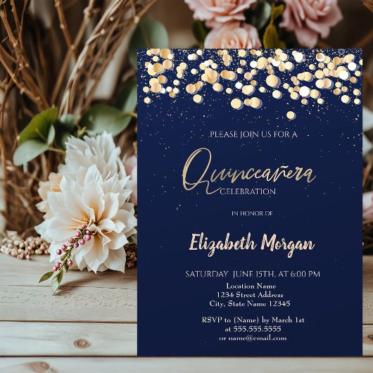 Elegant Stip, Confetti Navy Blue Quinceañera Kaart