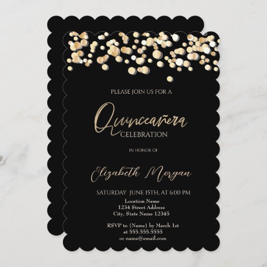 Elegant Stippen, Confetti Black Quinceañera Kaart (Voorkant / Achterkant)
