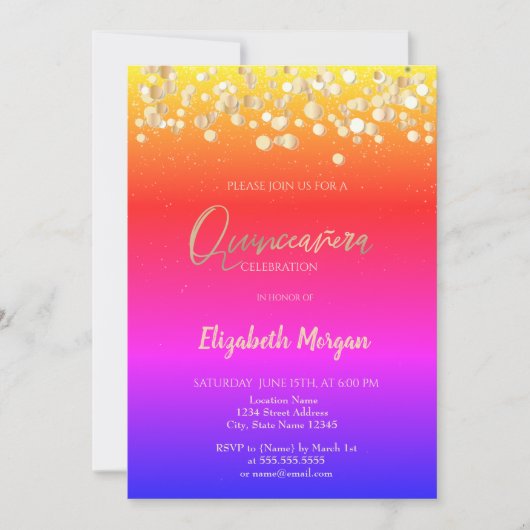Elegant Stippen, Confetti Colorful Ombre Quinceañe Kaart (Voorkant)