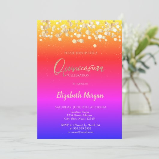 Elegant Stippen, Confetti Colorful Ombre Quinceañe Kaart (Staand voorkant)