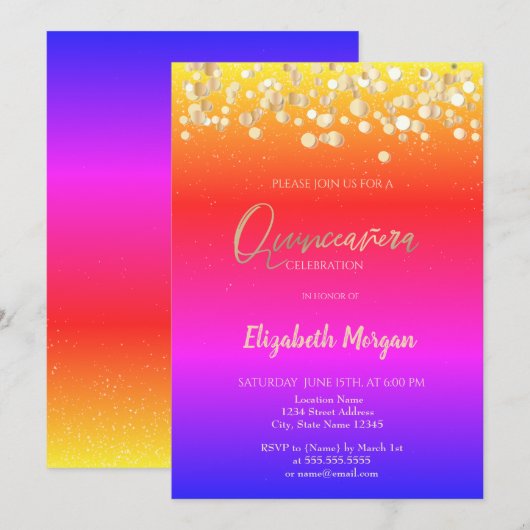 Elegant Stippen, Confetti Colorful Ombre Quinceañe Kaart (Voorkant / Achterkant)