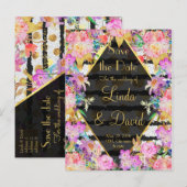 Elegant stippen voor bloemgoud, strepen bruiloft aankondigingskaart (Voorkant / Achterkant)