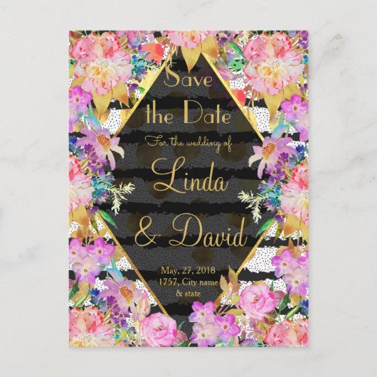 Elegant stippen voor bloemgoud, strepen bruiloft aankondigingskaart (Voorkant)