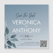 Elegant Stof Blauw Bewaar De Datum QR Code Huwelij Magnetische Uitnodiging (Voorkant)