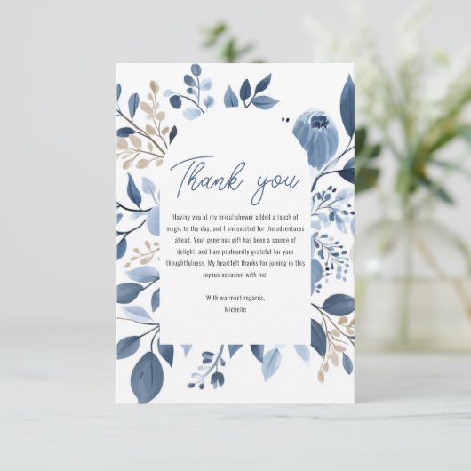 Elegant Stof Blauw Bloem Boho Bruids Bruiloftfeest Bedankkaart (Staand voorkant)