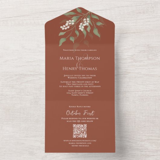 Elegant Stof Blauw Bloem QR Code Trouw Budget All In One Uitnodiging (Binnen)