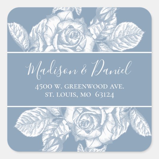 Elegant Stof Blauw Bloemendesign Trouw Retouradres Vierkante Sticker (Voorkant)