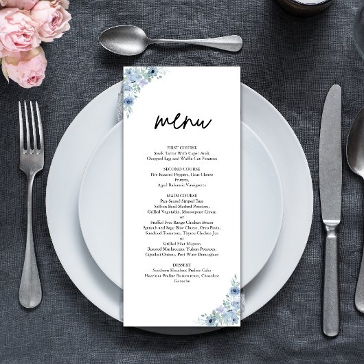Elegant Stof Blauw Bloemig Huwelijk Menu
