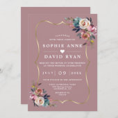 Elegant Stof Blauw Bloemig Misty Roze Gouden Trouw Kaart (Voorkant / Achterkant)