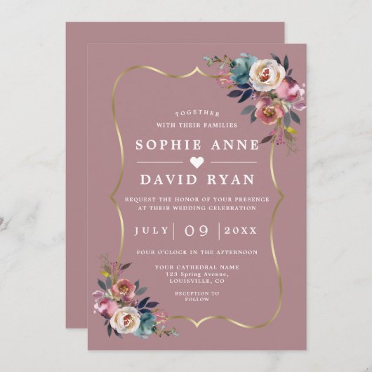 Elegant Stof Blauw Bloemig Misty Roze Gouden Trouw Kaart (Voorkant / Achterkant)