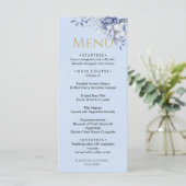 Elegant Stof Blauw Bloemig Trouwdiner Menu (Staand voorkant)