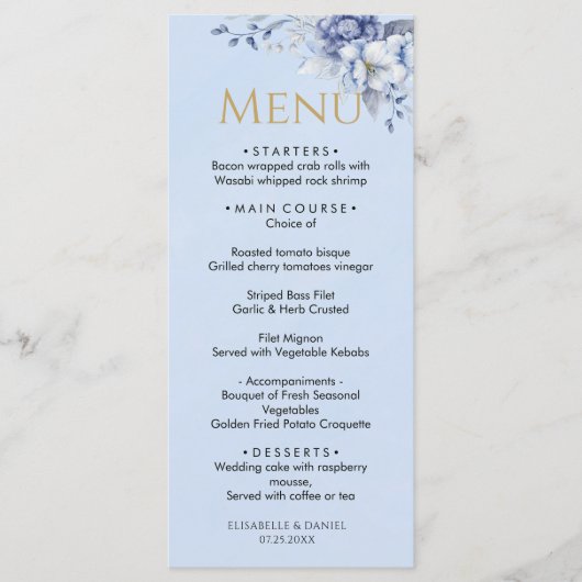 Elegant Stof Blauw Bloemig Trouwdiner Menu (Voorkant)