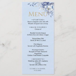 Elegant Stof Blauw Bloemig Trouwdiner Menu