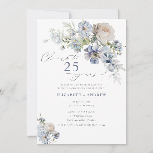 Elegant Stof Blauw Bloemmotief 25 Jaar Getrouwd Ju Kaart (Voorkant)