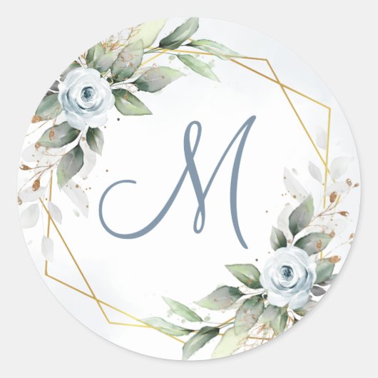 Elegant Stof Blauw Bloemmotief Groen MONOGRAM Ronde Sticker (Voorkant)