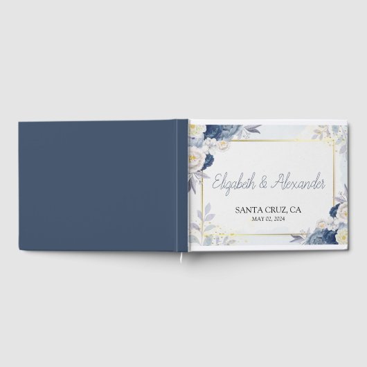 Elegant Stof Blauw en Gouden Bloemen Bruiloft Gastenboek (Volledig)