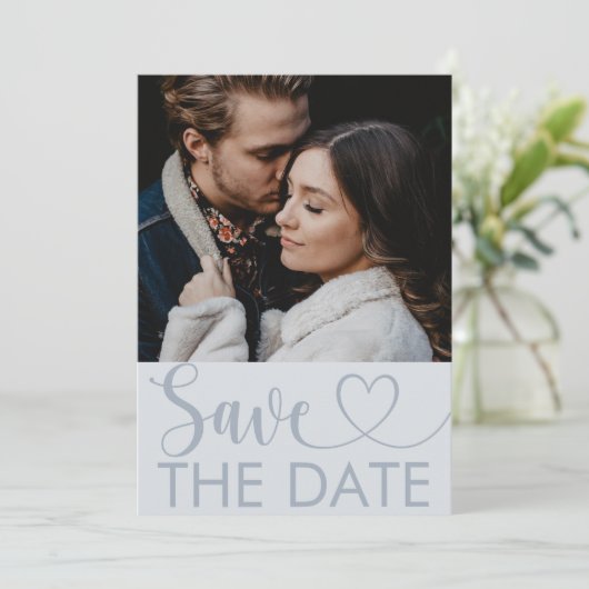 Elegant Stof Blauw Foto & Hart Sla de Datum Op Save The Date (Staand voorkant)