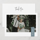 Elegant Stof Blauw Groen Lint Foto Bruiloft Bedankkaart (Voorkant / Achterkant)