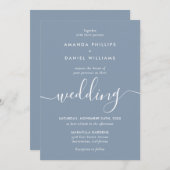 Elegant Stof Blauw Modern Schuingeschrift Trouwen Kaart (Voorkant / Achterkant)