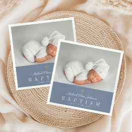 Elegant Stof Blauw Religieus Kruis Foto Doop Servet