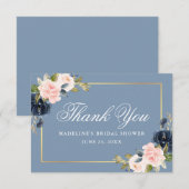 Elegant Stof Blauw Roze Bloem Goud Bruidsmeisje Fe Bedankkaart (Voorkant / Achterkant)