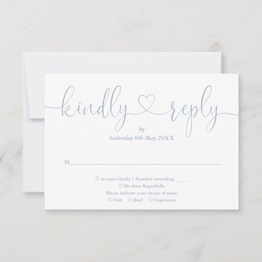 Elegant Stof Blauw Schrift Hart Vriendelijk Antwoo RSVP Kaartje (Voorkant)