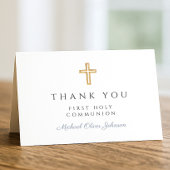 Elegant Stof Blauw Schrift Jongen Eerste Communie  Bedankkaart