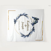 Elegant Stof Blauw Vogels Wit Trouw Achtergrond Wandkleed (Voorkant (horizontaal))