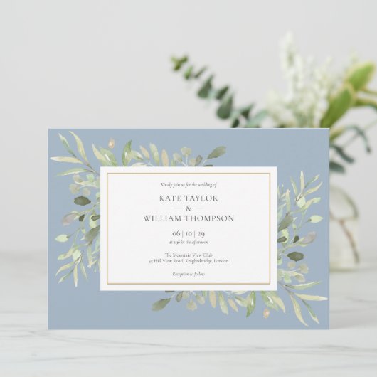 Elegant Stof Blauwgroene Foto Huwelijk Kaart (Staand voorkant)