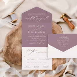 Elegant Stof Paarse Calligrafie Schrift Bruiloft All In One Uitnodiging
