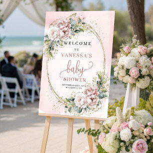 Elegant Stof Roze Bloemige Baby Shower Welkomstbor Poster